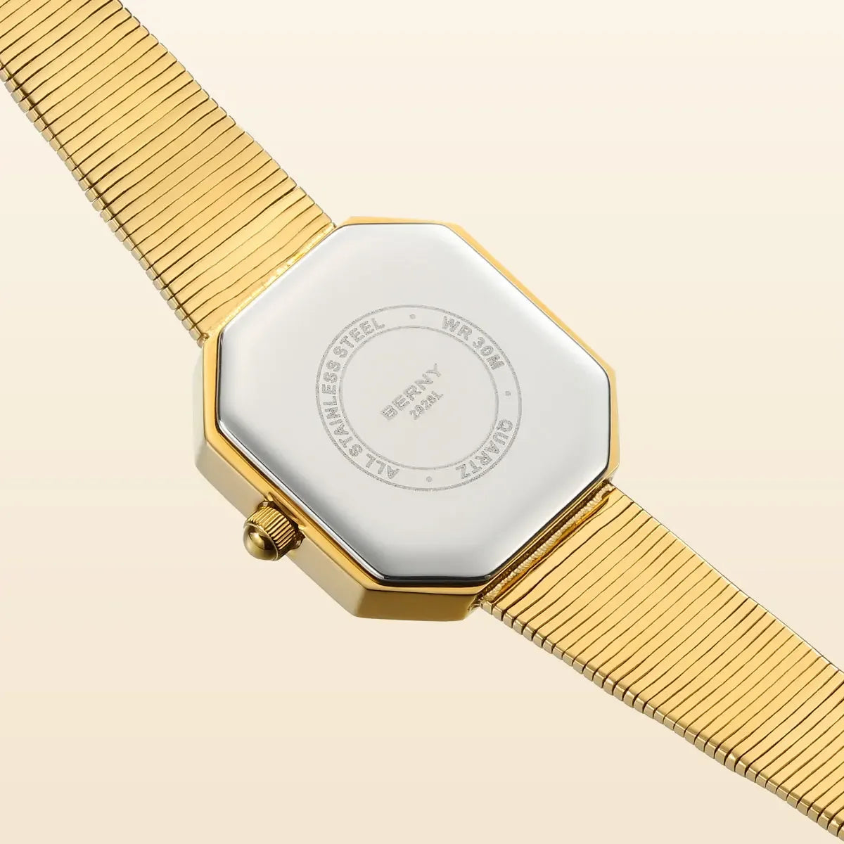 Luxury Small Watch! BERNY Gold Tone Octagonal Quartz Ladies Watch – Grit Dial, Stainless Steel, IP Gold Plated, Waterproof