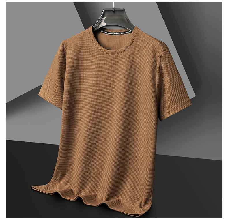 Texture & Comfort! New Summer Waffle Knit T-Shirt for Men – Breathable, Round Neck, Short Sleeve Casual Top