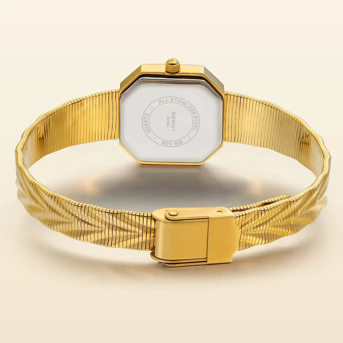 Luxury Small Watch! BERNY Gold Tone Octagonal Quartz Ladies Watch – Grit Dial, Stainless Steel, IP Gold Plated, Waterproof