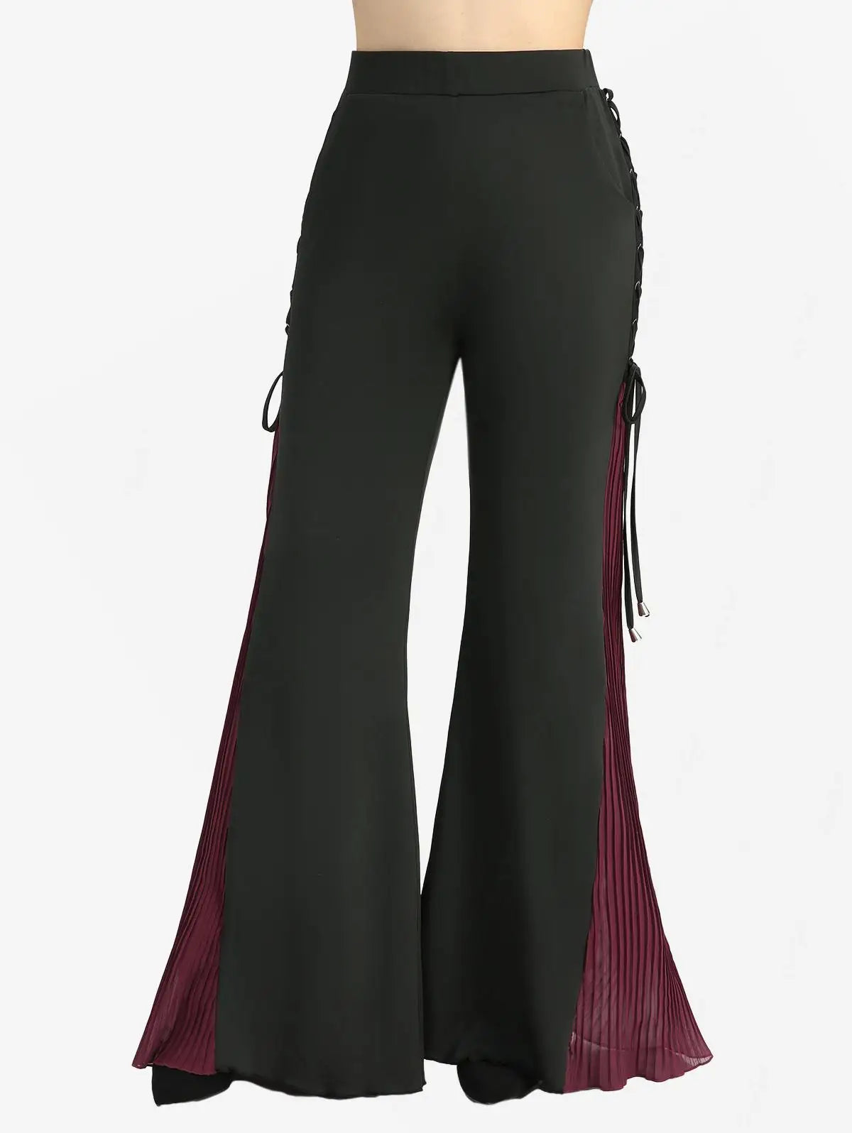 High Street Edge! ROSE GAL Plus Size Flare Pants – Grommets, Lace-Up & Pleated Patchwork Detail, High Stretch Comfort