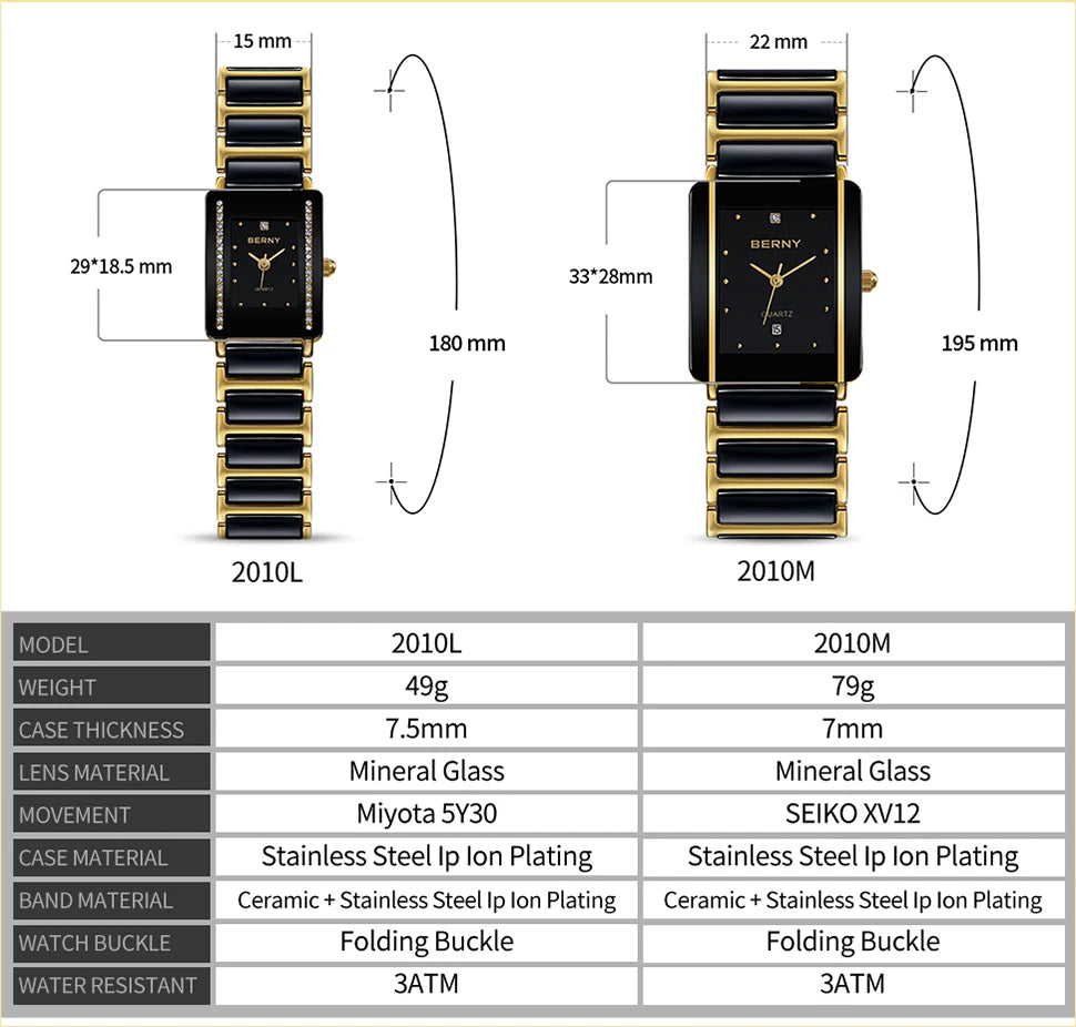 Couple's Luxury! BERNY Ceramic Quartz Rectangle Watch – Black Gold, Calendar, 30M Waterproof, Sapphire Coated Lens