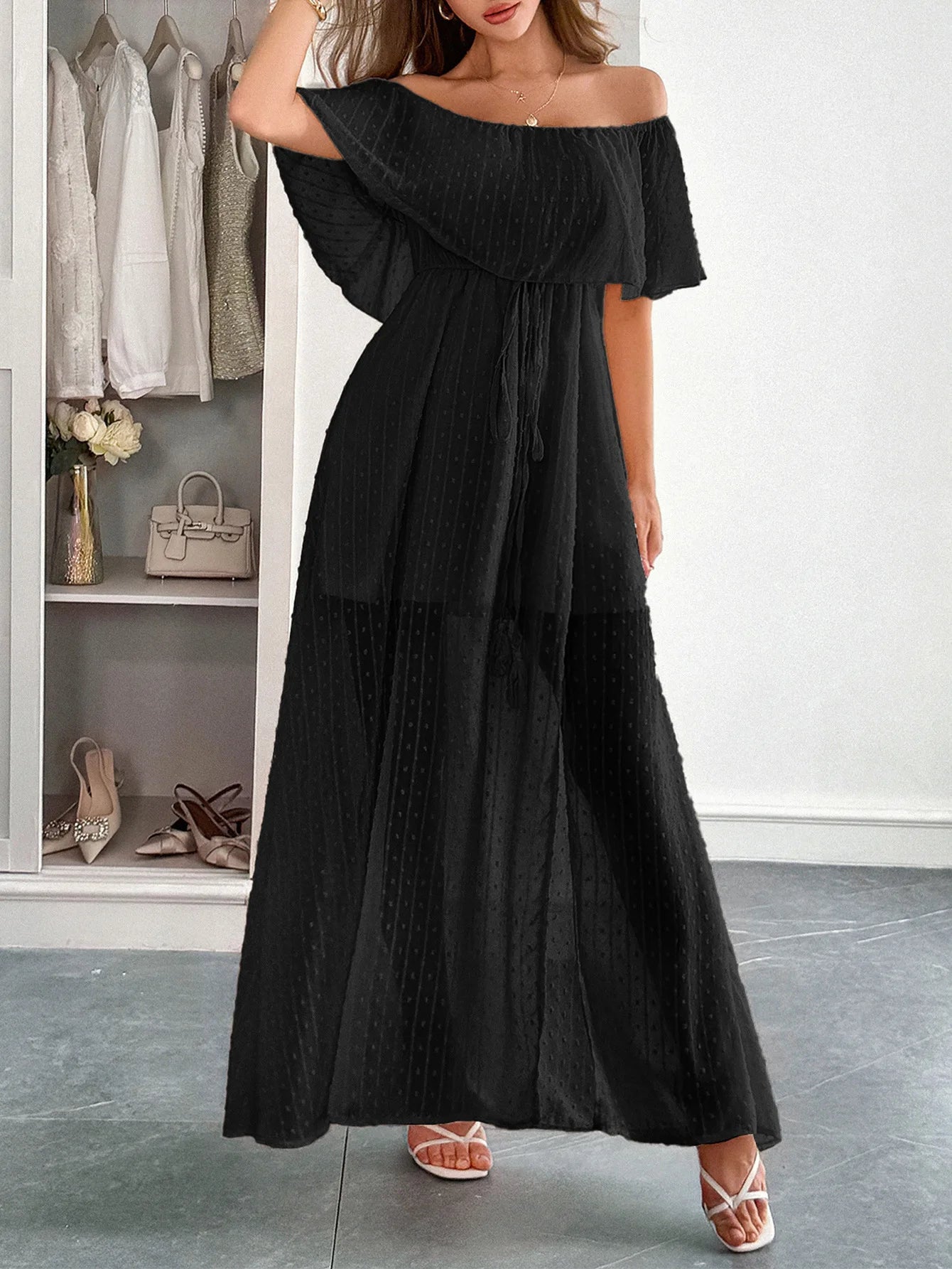 Effortlessly Chic! European A-Line Summer Dress – Elegant Slash Neck, Slim Fit, and Geometric Pattern