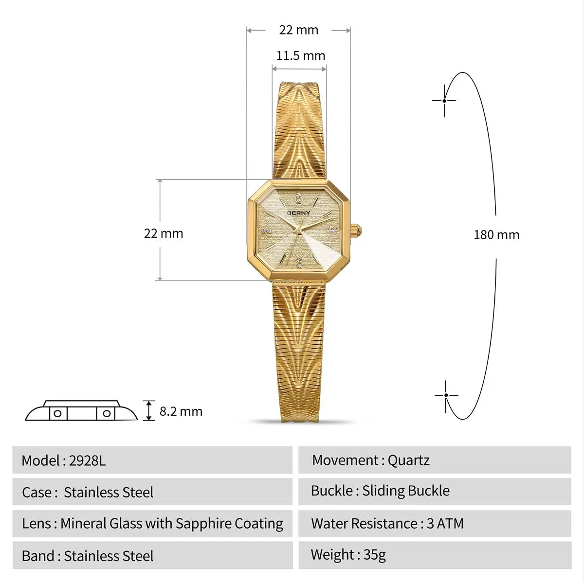 Luxury Small Watch! BERNY Gold Tone Octagonal Quartz Ladies Watch – Grit Dial, Stainless Steel, IP Gold Plated, Waterproof