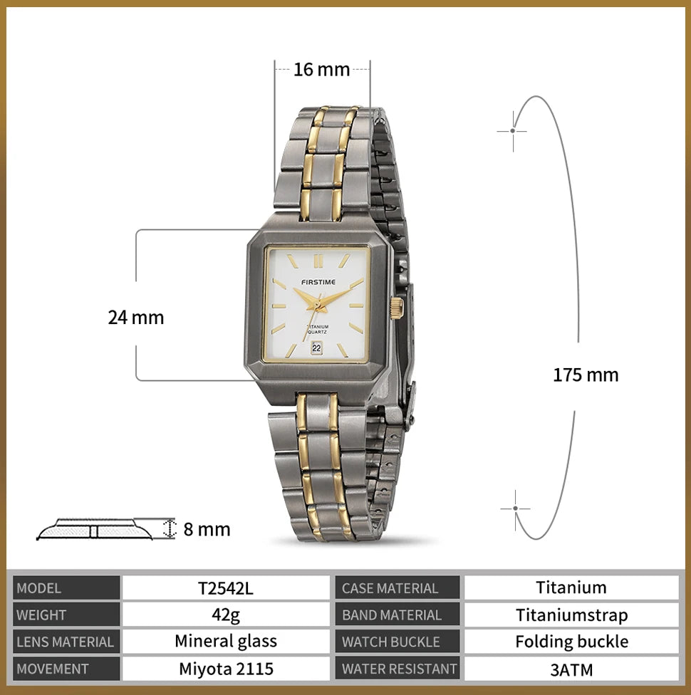 Ultralight Luxury! BERNY Square Titanium Quartz Watch for Women – Gold Tone, Calendar Display, 30M Waterproof