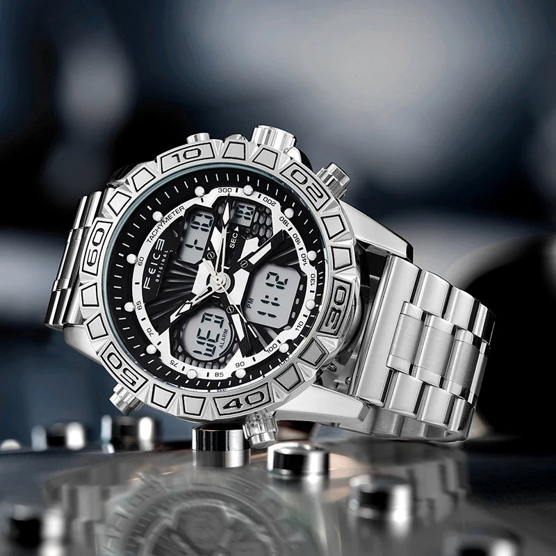 Original Retro Design! FEICE FK817 Dual Display Quartz Watch – Luminous, Waterproof, 8-Function Sport Chronograph