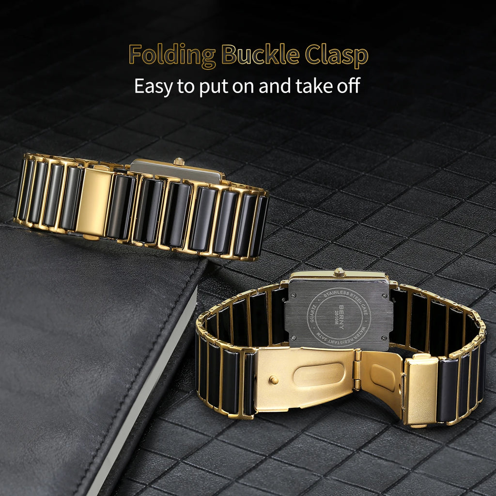 Couple's Luxury! BERNY Ceramic Quartz Rectangle Watch – Black Gold, Calendar, 30M Waterproof, Sapphire Coated Lens