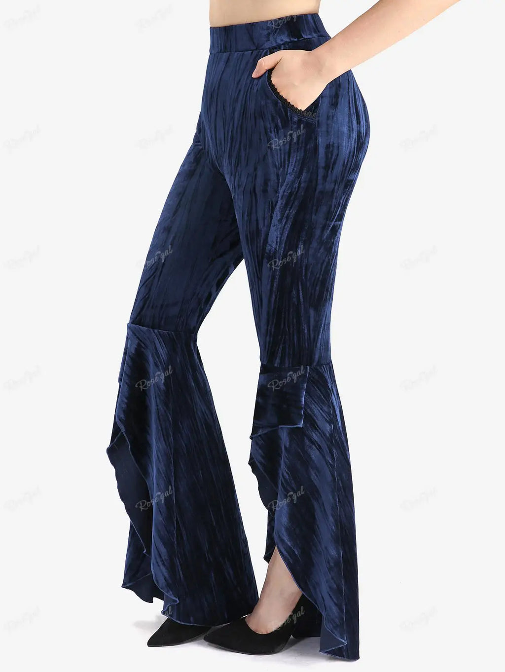 Y2K Revival! ROSE GAL Plus Size Asymmetric Velvet Flare Pants – High-Low Ruffles, Elastic Waist, Perfect for Night Out