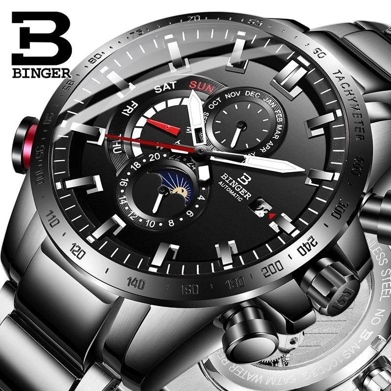 Genuine Luxury! BINGER Swiss Brand Automatic Mechanical Watch – Moon Phase, Luminous, Sapphire Crystal, 50M Waterproof