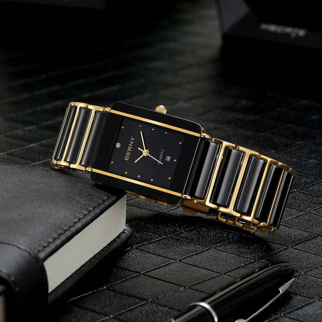 Couple's Luxury! BERNY Ceramic Quartz Rectangle Watch – Black Gold, Calendar, 30M Waterproof, Sapphire Coated Lens
