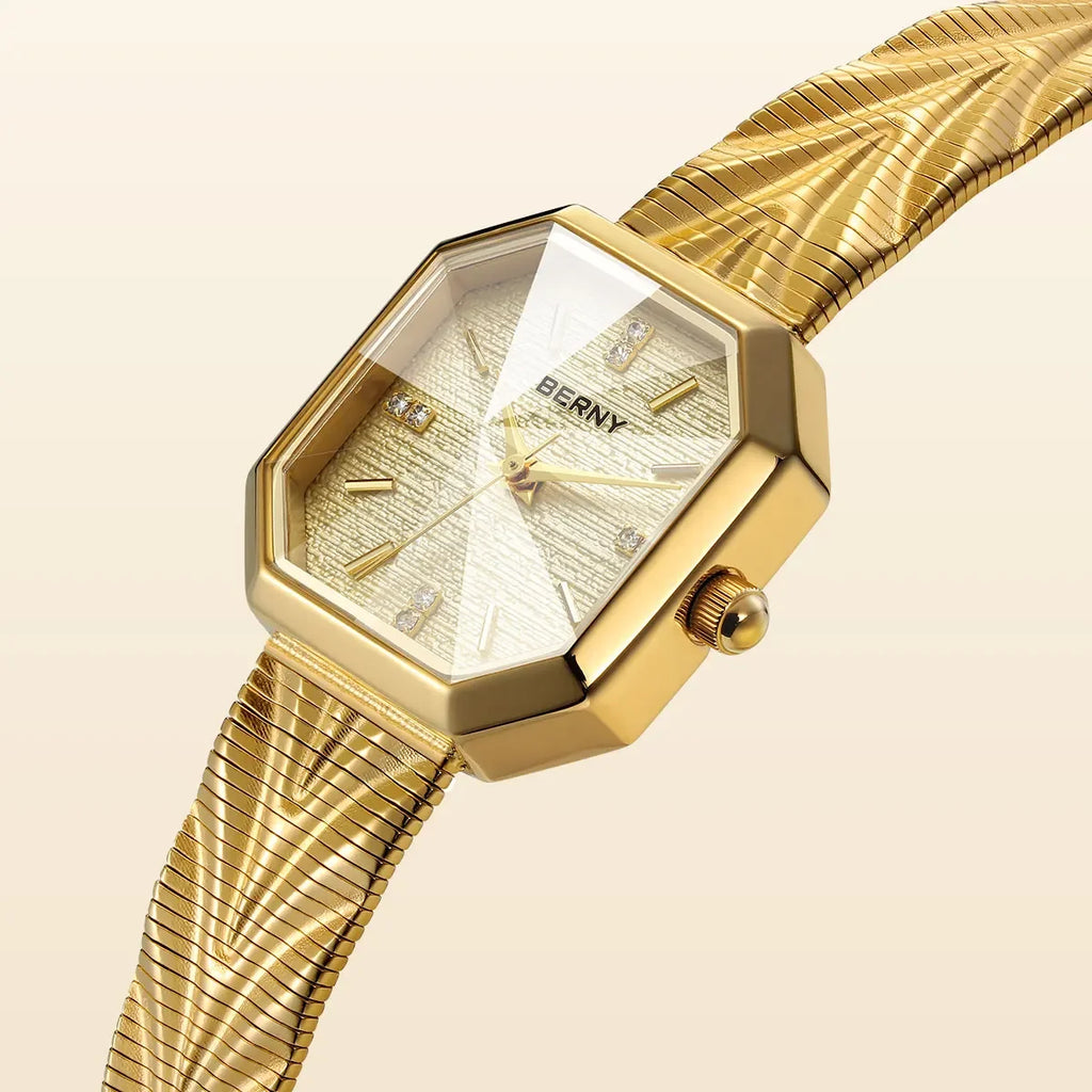 Luxury Small Watch! BERNY Gold Tone Octagonal Quartz Ladies Watch – Grit Dial, Stainless Steel, IP Gold Plated, Waterproof