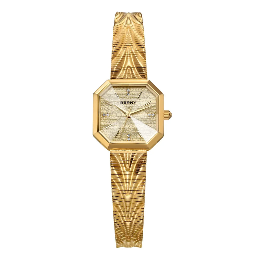 Luxury Small Watch! BERNY Gold Tone Octagonal Quartz Ladies Watch – Grit Dial, Stainless Steel, IP Gold Plated, Waterproof