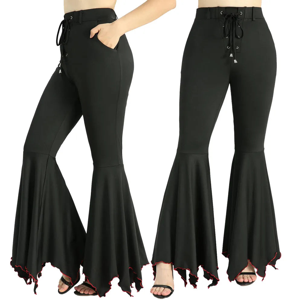Rosegal Plus Size Lace-Up Contrast Piping Flare Pants – High Waist Wide-Leg Elegance