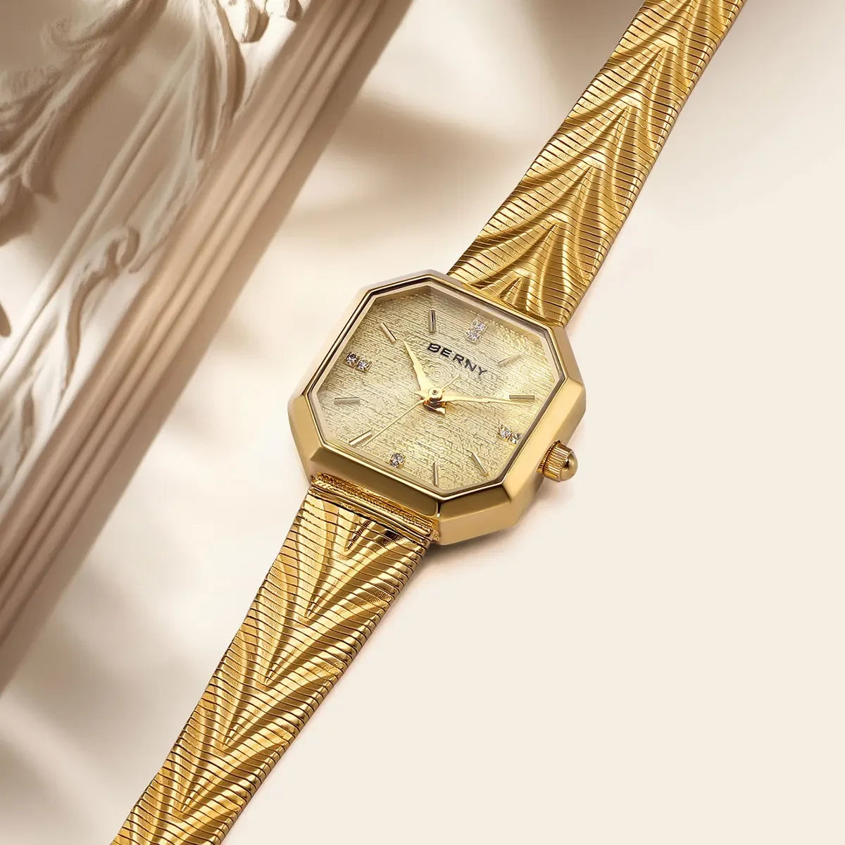 Luxury Small Watch! BERNY Gold Tone Octagonal Quartz Ladies Watch – Grit Dial, Stainless Steel, IP Gold Plated, Waterproof