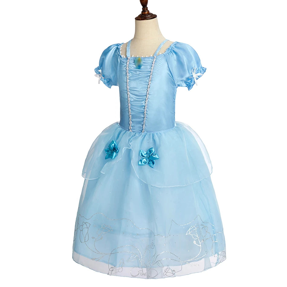 Dreamy Performance Gown! Little Girls' Cinderella Cosplay Dress – Blue Princess, Appliques & Bubble Sleeves