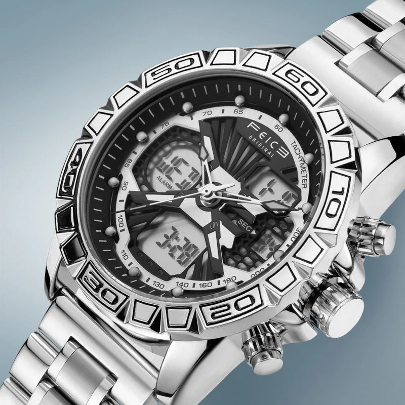 Original Retro Design! FEICE FK817 Dual Display Quartz Watch – Luminous, Waterproof, 8-Function Sport Chronograph