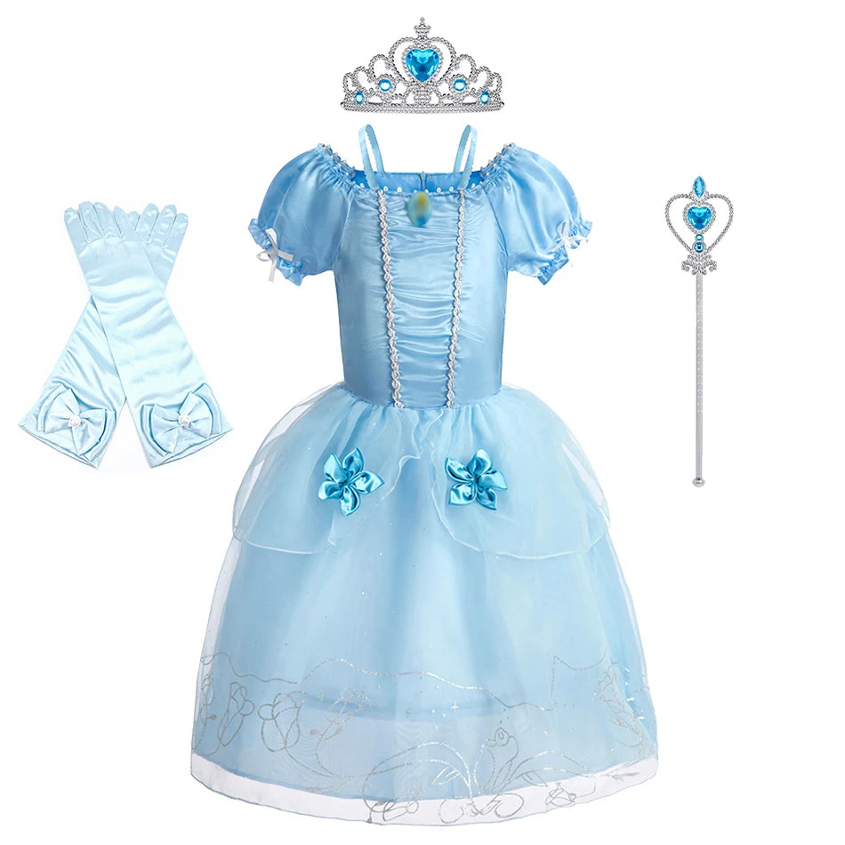 Dreamy Performance Gown! Little Girls' Cinderella Cosplay Dress – Blue Princess, Appliques & Bubble Sleeves