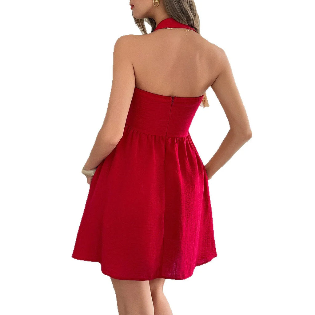 Effortless Temperament! Chic European Mini Dress – Elegant Halter Neck, Geometric Pattern, Perfect for Summer