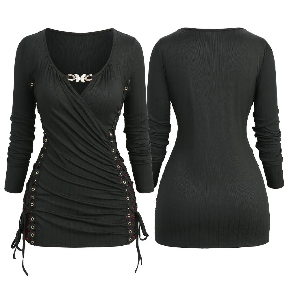 ROSEGAL Plus Size Surplice Butterfly Buckle Long Sleeves Top 2025 Autumn Casual Costume Skull Fishnet Lace Up Side Ruched Tees
