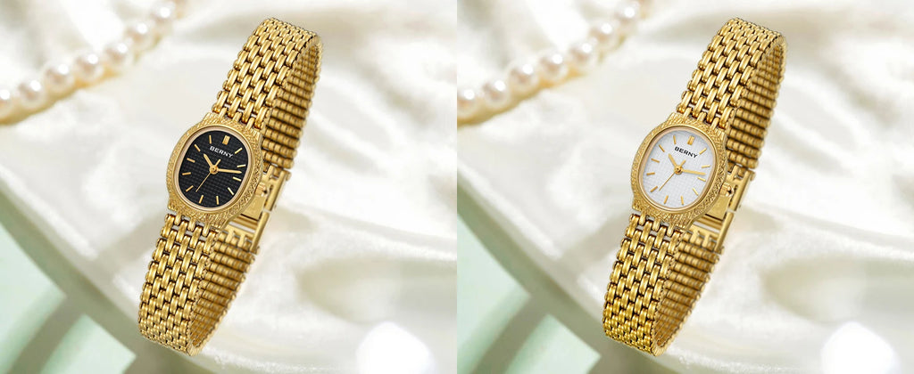 Slim Elegance! BERNY Oval Gold Quartz Ladies Watch – Swiss Movement, Ultra-Thin Case, Stainless Steel Bracelet, 30M Waterproof