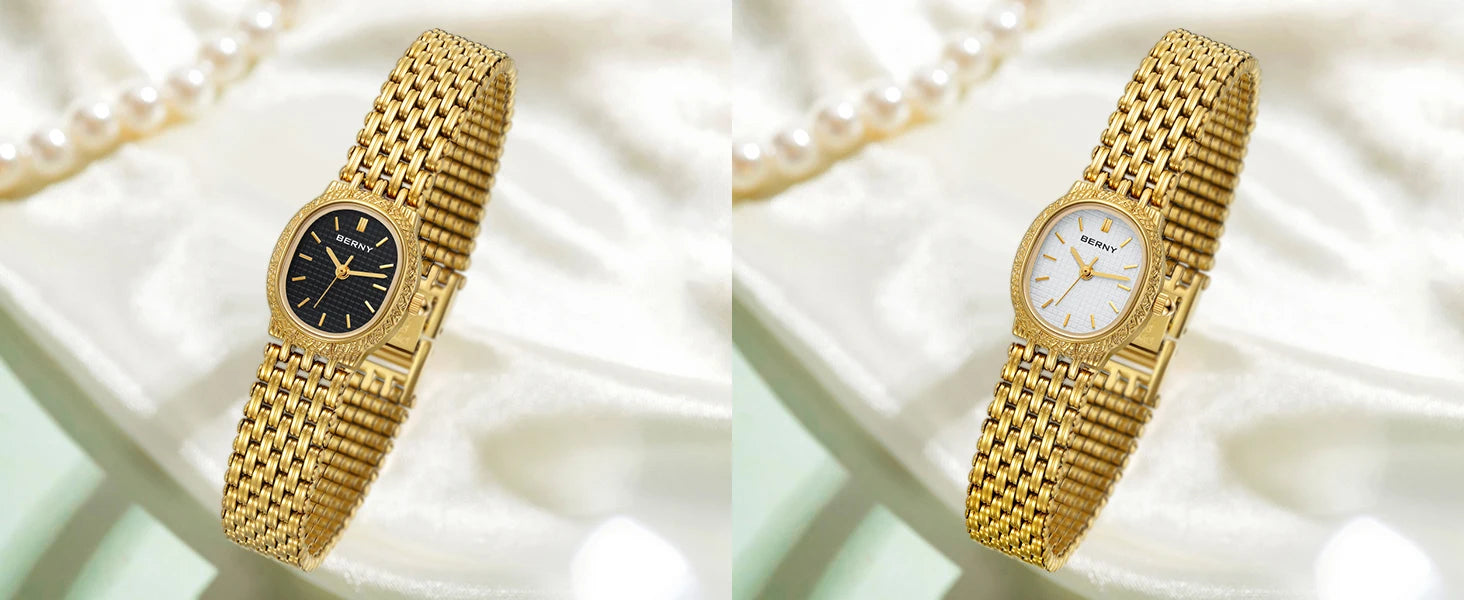 Slim Elegance! BERNY Oval Gold Quartz Ladies Watch – Swiss Movement, Ultra-Thin Case, Stainless Steel Bracelet, 30M Waterproof