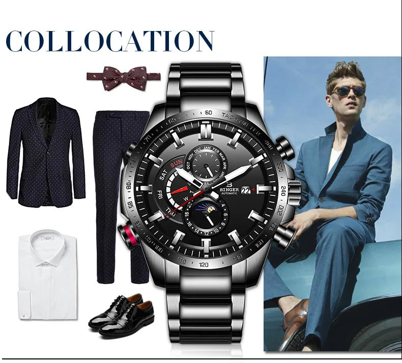 Genuine Luxury! BINGER Swiss Brand Automatic Mechanical Watch – Moon Phase, Luminous, Sapphire Crystal, 50M Waterproof