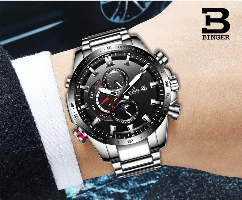 Genuine Luxury! BINGER Swiss Brand Automatic Mechanical Watch – Moon Phase, Luminous, Sapphire Crystal, 50M Waterproof