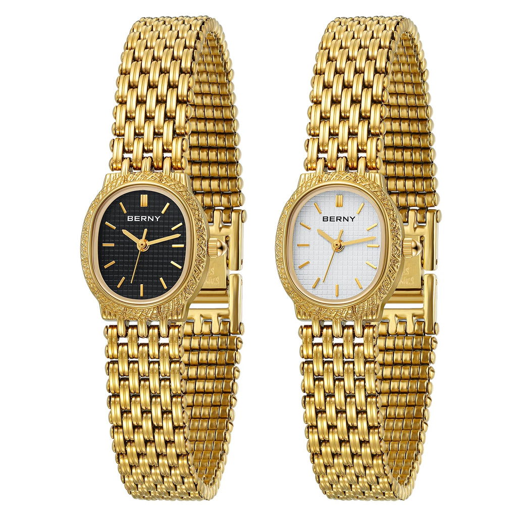 Slim Elegance! BERNY Oval Gold Quartz Ladies Watch – Swiss Movement, Ultra-Thin Case, Stainless Steel Bracelet, 30M Waterproof