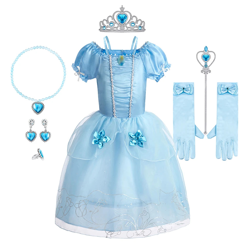 Dreamy Performance Gown! Little Girls' Cinderella Cosplay Dress – Blue Princess, Appliques & Bubble Sleeves