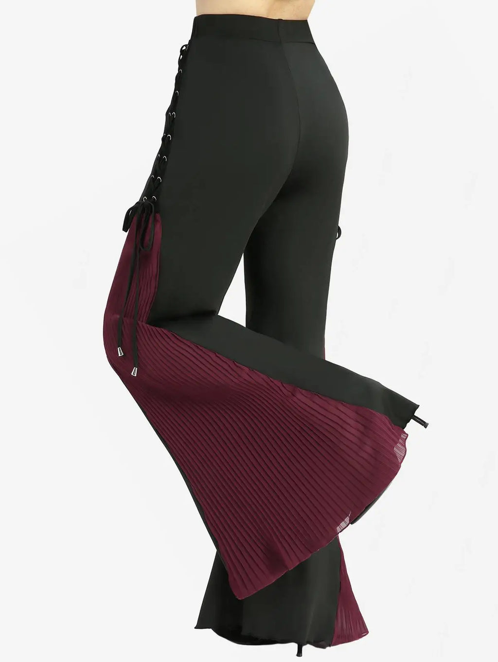 High Street Edge! ROSE GAL Plus Size Flare Pants – Grommets, Lace-Up & Pleated Patchwork Detail, High Stretch Comfort