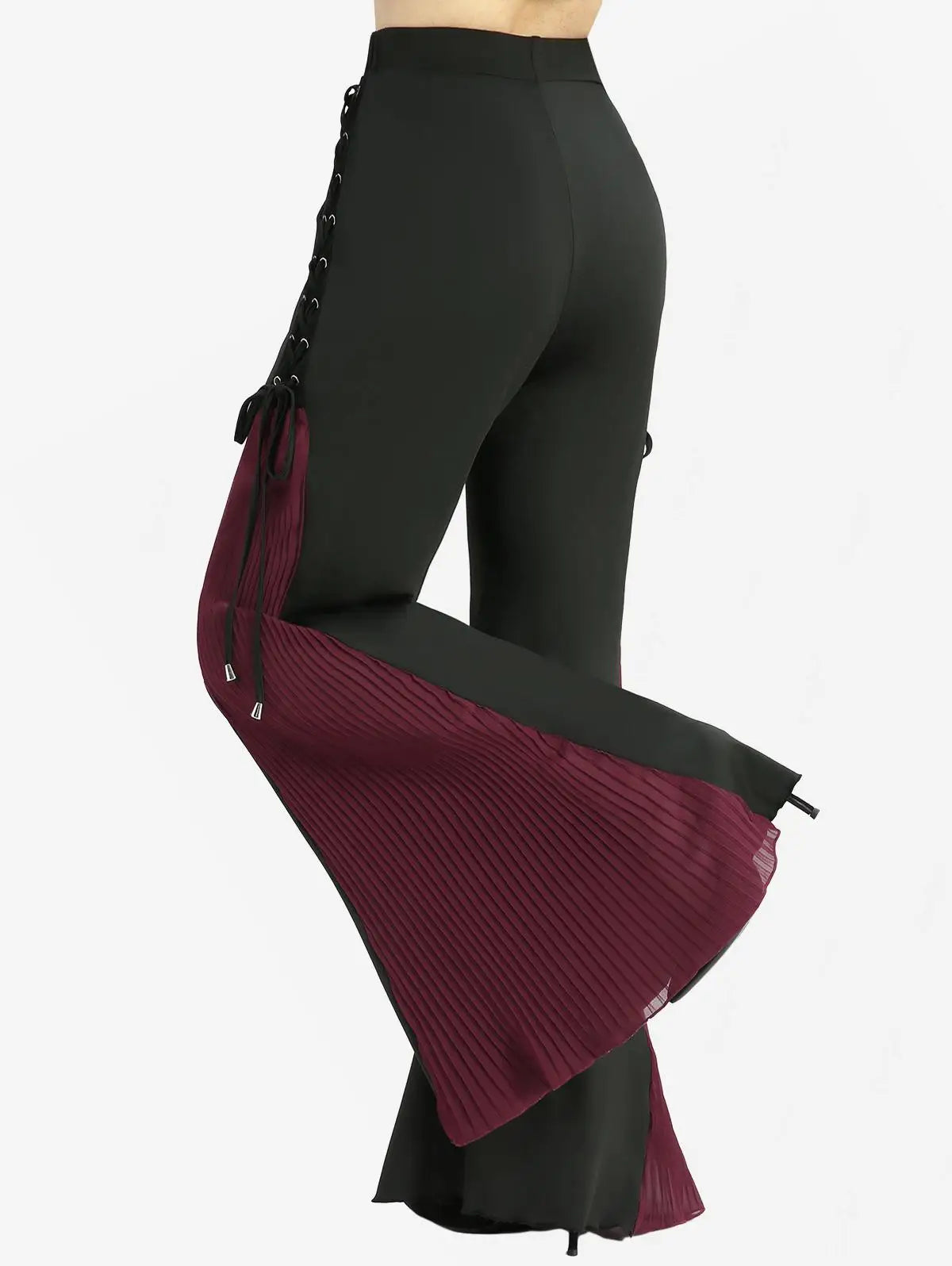 High Street Edge! ROSE GAL Plus Size Flare Pants – Grommets, Lace-Up & Pleated Patchwork Detail, High Stretch Comfort