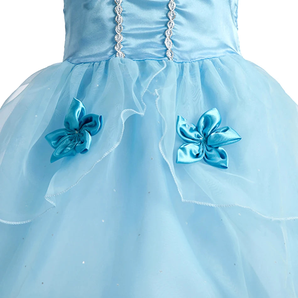 Dreamy Performance Gown! Little Girls' Cinderella Cosplay Dress – Blue Princess, Appliques & Bubble Sleeves