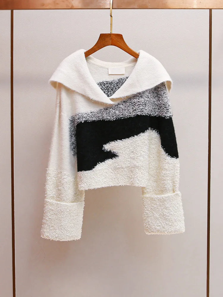 High-End Design Sense! Elegant Contrasting Color Short Sweater – Loose Fit, Turn-Down Collar, Autumn/Winter Knit