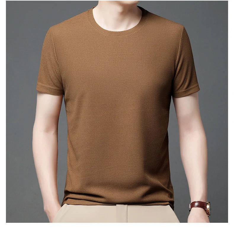 Texture & Comfort! New Summer Waffle Knit T-Shirt for Men – Breathable, Round Neck, Short Sleeve Casual Top
