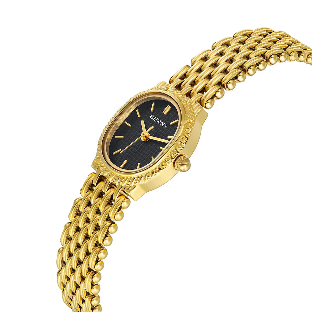 Slim Elegance! BERNY Oval Gold Quartz Ladies Watch – Swiss Movement, Ultra-Thin Case, Stainless Steel Bracelet, 30M Waterproof